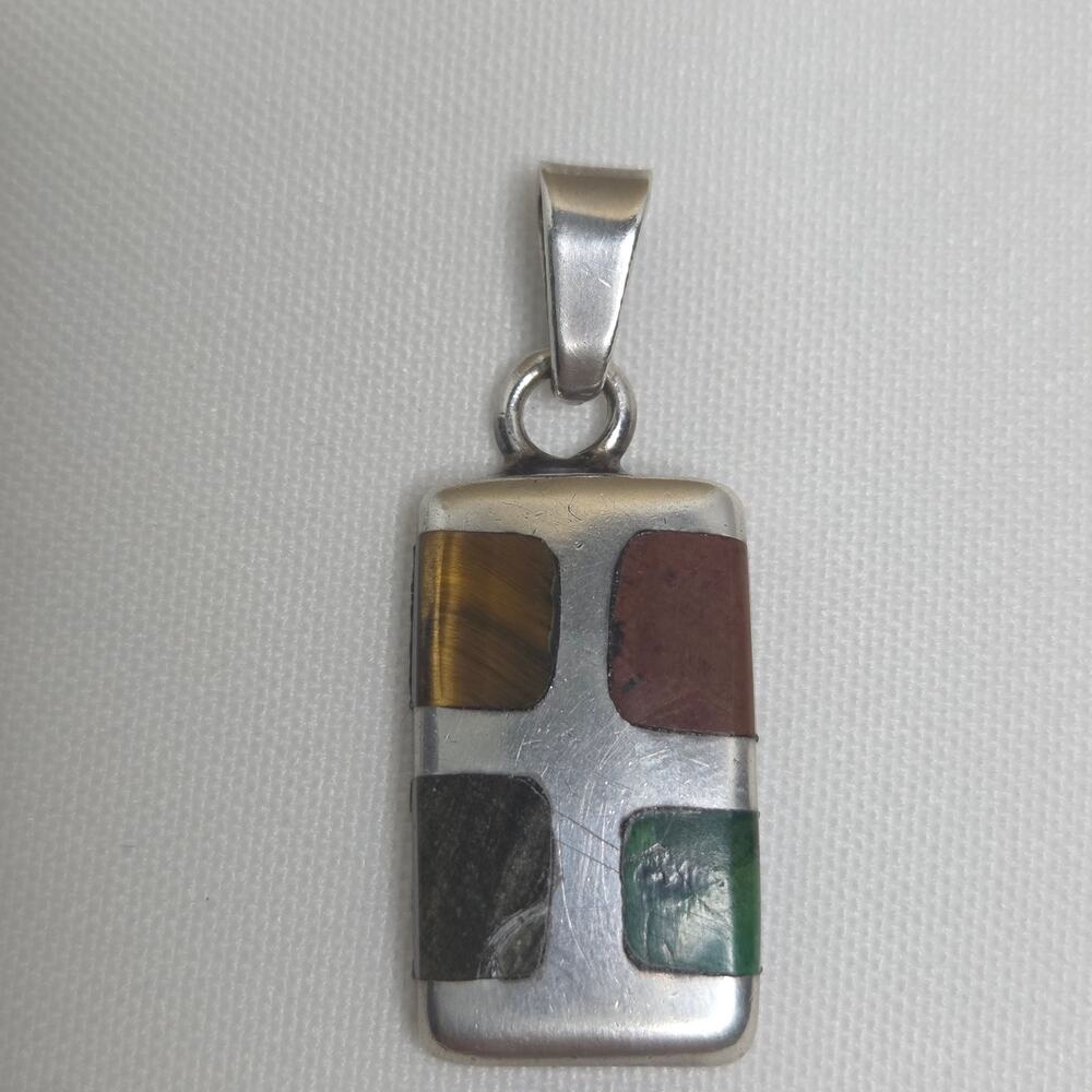 Vintage Taxco Mexico Sterling Silver Semi-Precious Mid-Century Inlay Pendant